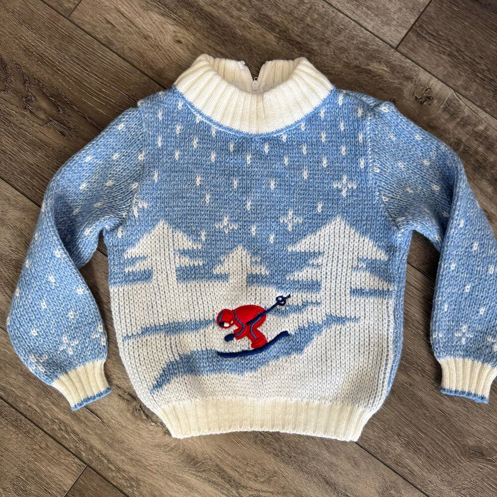 Vintage Baby Togs Kidswear Co. Toddler Ski Scene Mock Neck Back-Zip Knit Sweater